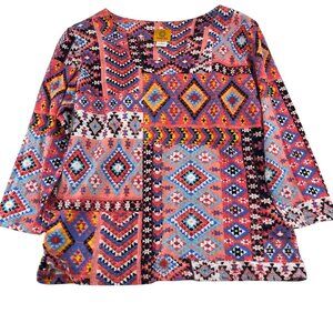 Ruby Rd. Women's Multicolor Diamond Print Long Sleeve Top Size Large